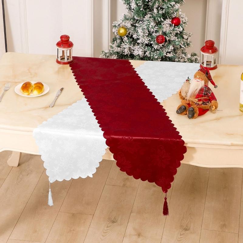 Trendy Christmas Table Runner, Winter Party Decor, Washable Table Cover Tablecloth with Red White Snowflakes 180cm