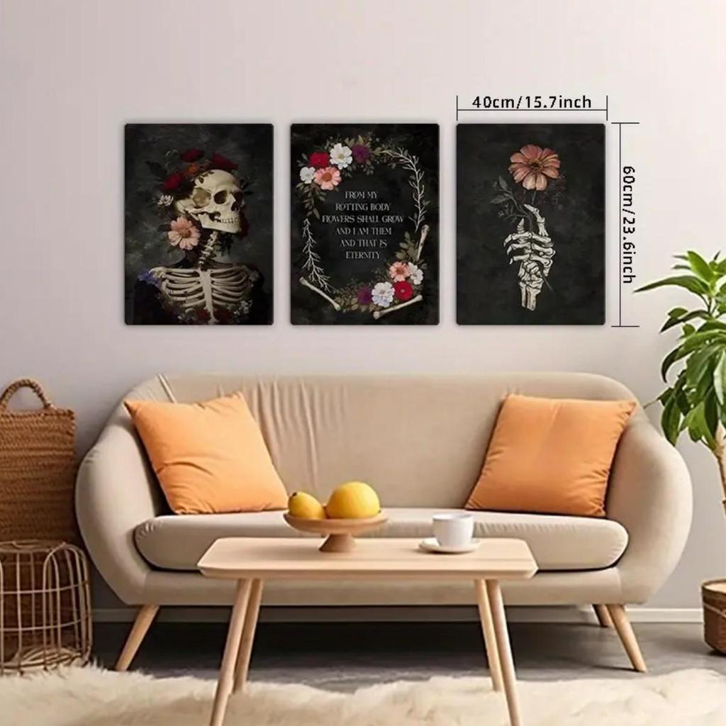 Halloween Skull Rose Canvas Wall Art with Pine Frame for Bedroom and Living Room