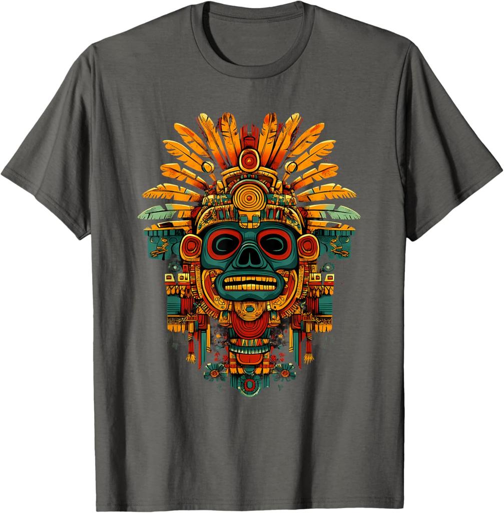 Aztekischer Maya Gott Schädel Kopfschmuck Grafik T-Shirt Herren Atmungsaktiv Kurzarm T-Shirt Lässiger Ausflug