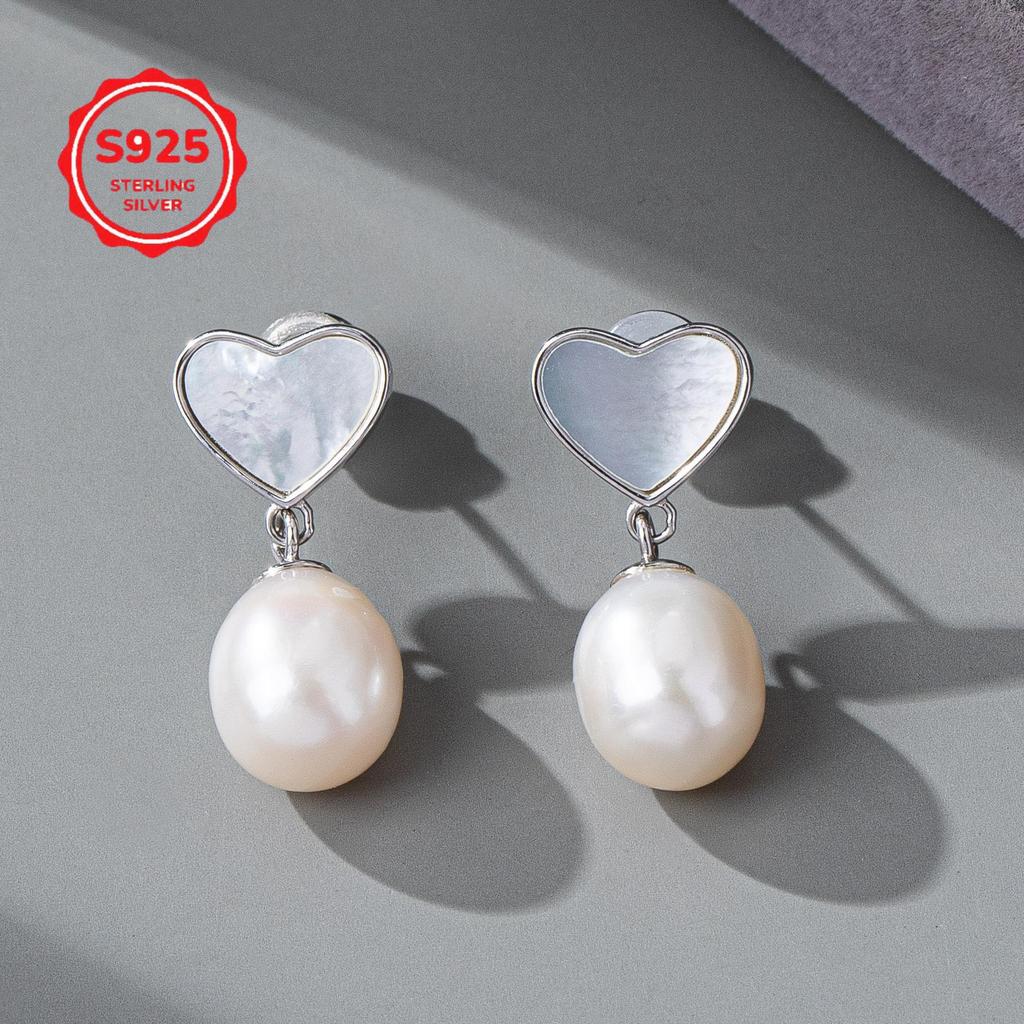 S925 Sterling Silver Heart Shell Pearl Earrings - Perfect for Valentine's or Mother's Day