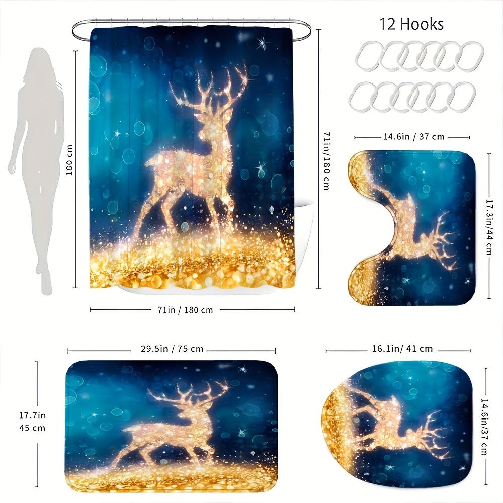 4-teiliges Badezimmer-Duschvorhang-Set Weihnachten Goldener Elch Badezimmer-Vorhang mit 12 Haken Rutschfeste Teppiche Toilettendeckelmatte Badezimmer-Trennwand