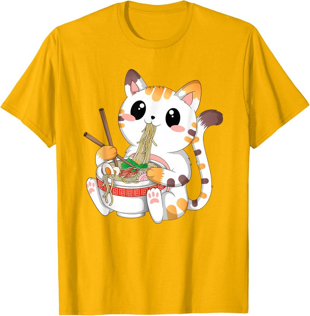 Cute Ramen Eating Kawaii Cat Graphic Tee Anime Neko Lovers Casual Cotton T-Shirt