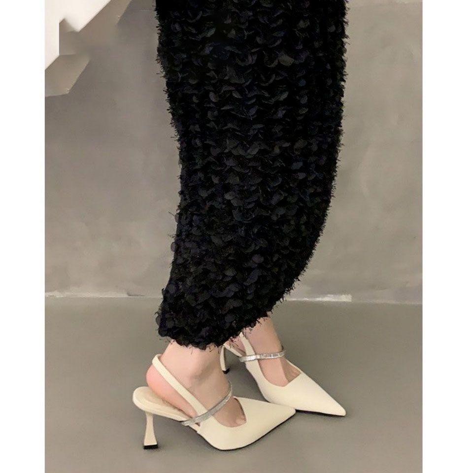 French High-value Black Pointed High Heels Rhinestone Thin Heel Niche Skirt Single Shoes Sandals Women's Black Summer