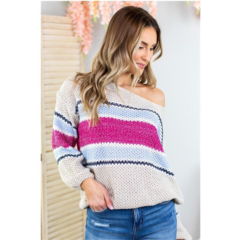 Autumn Winter Casual Sweater Color Matching Off-the-shoudler Knitwear