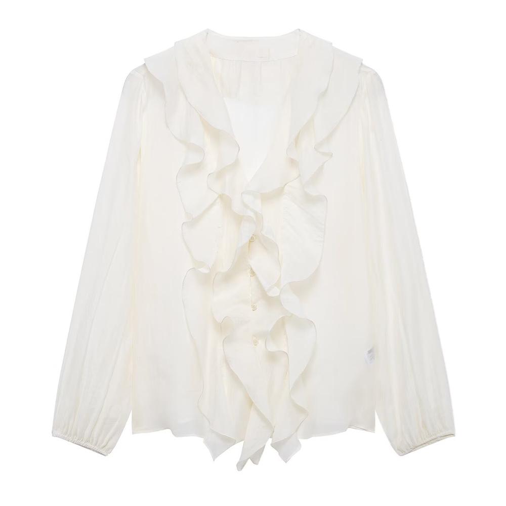 2025 Spring/Summer Women's Slim Fit V-Neck Shirt with Layered Decoration