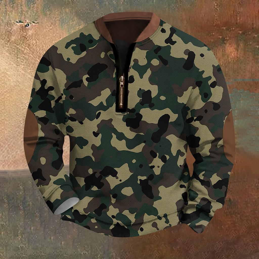 Men's Fashion Casual Half Zip Neck Loose Long Sleeve Camouflage Sweatshirt