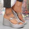 New thick-soled high-heeled rhinestone transparent one-word cool slippers women's slope heel beach slippers