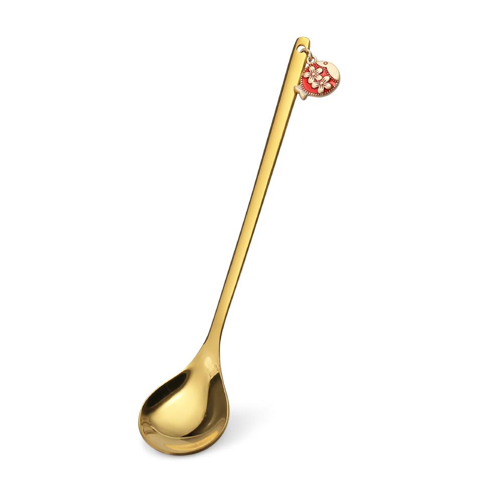 HANYANG Tableware Stainless Steel Spoon God of Fortune Lion Dance Gold Dessert Spoon Fortune Cat Fruit Fork