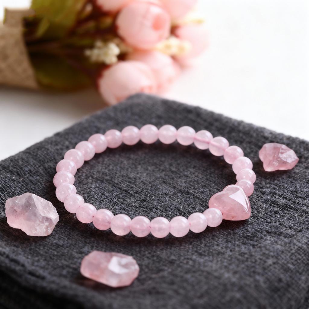Festive Gifts Rose Quartz Beaded Bracelet With Heart Charm Sweet Fashion Jewelry For Women Daily Wear Simple Versatile Accessory
