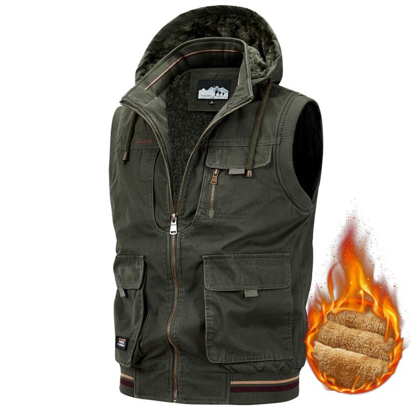 Men's Hooded Fleece Lined Utility Vest Zip Up Sleeveless Multi Pocket Cotton Padded Jacket