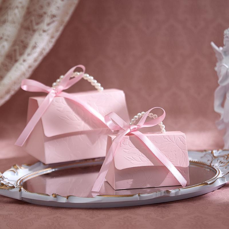 10Pcs Pink Pearl Portable Gift Box Wedding Portable Ribbon Souvenir Wedding Candy Paper Box Diy Party Packaging Supplies