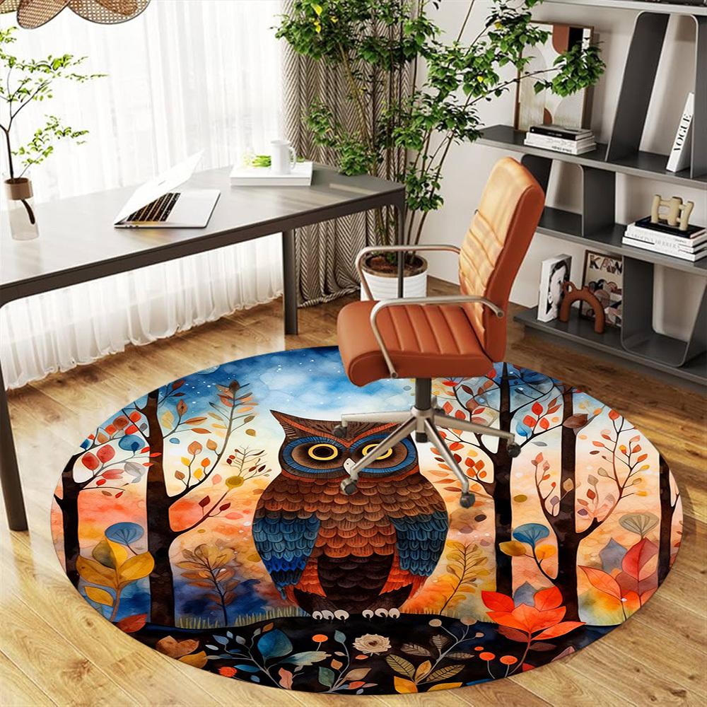 1pc Owl Forest Round Chair mat office Area Rug - Non-Slip, Floor Mat for Office, Bedroom, Ideal home decor gift p0105009