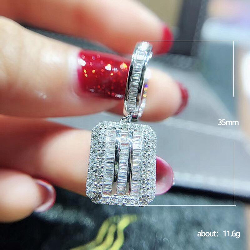 Halo Cushion Square Pendant Drop Earrings Baguette & Round Mixed Cubic Zirconia Inlaid Hoop Silver Tone Formal Ladies Accessories