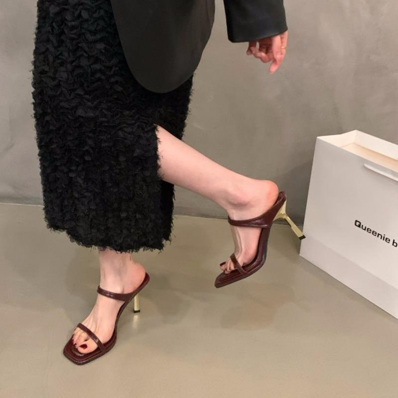 Niche French leopard print high heels one-word slippers women's shoes wear 2025 new summer stiletto sandals