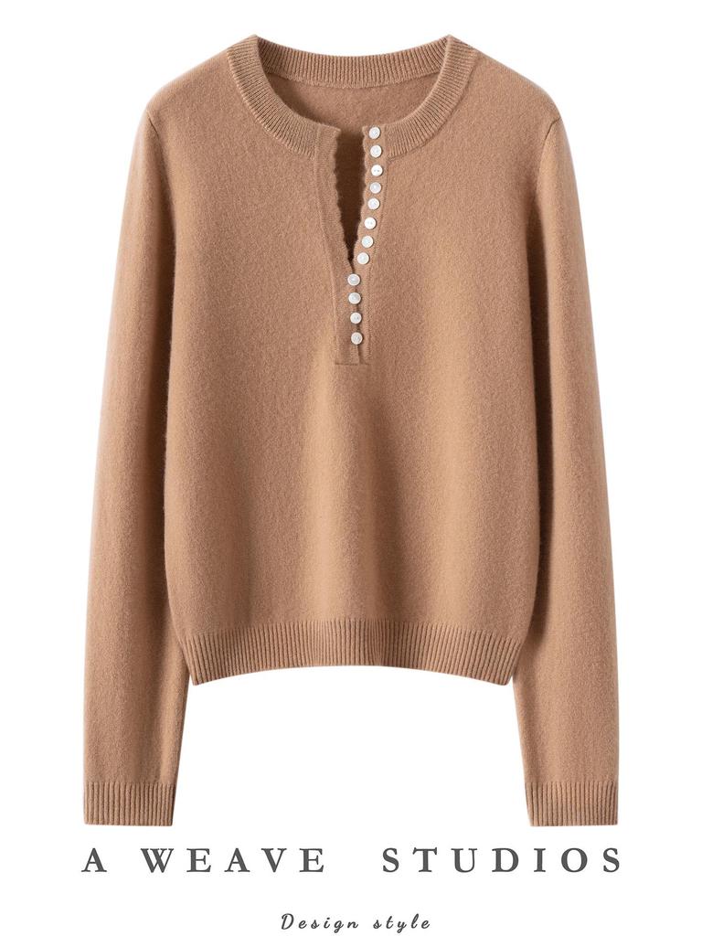 Women's 100% Pure Cashmere Half-Zip Round Neck Sweater - Autumn/Winter Fashion Versatile Knit Base Layer