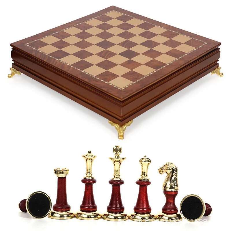 

38Cm/15Inch Wooden Chess Set With Storage Drawer, Large Chessboard, And 2 Additional Queen Sized Metal And Wooden Chess Pieces