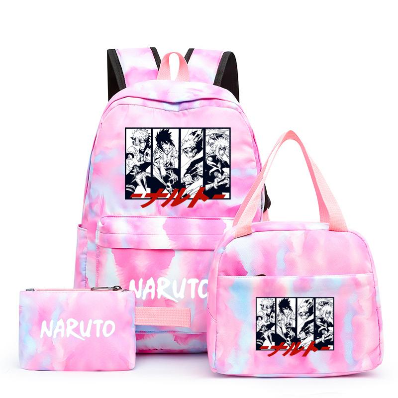 3Pcs/set Anime Naruto Canvas Backpack for Girl with Lunch Bag Pen Case Backpack Student Back To School Backpack Rucksack Mochila