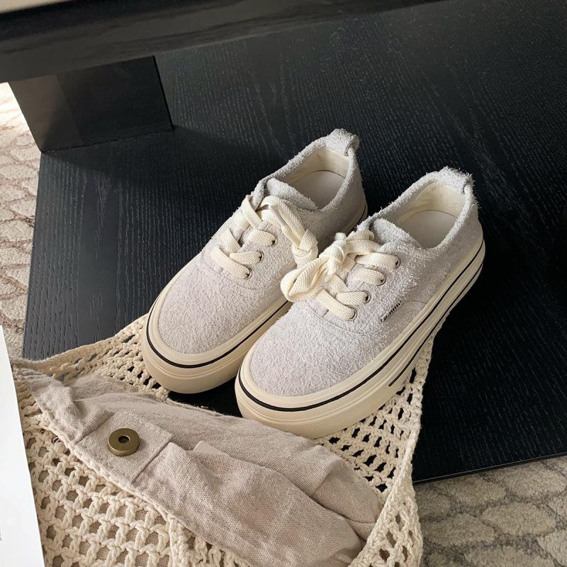 New leather soft cow velvet round head lace-up casual style thick-soled lace-up board shoes women