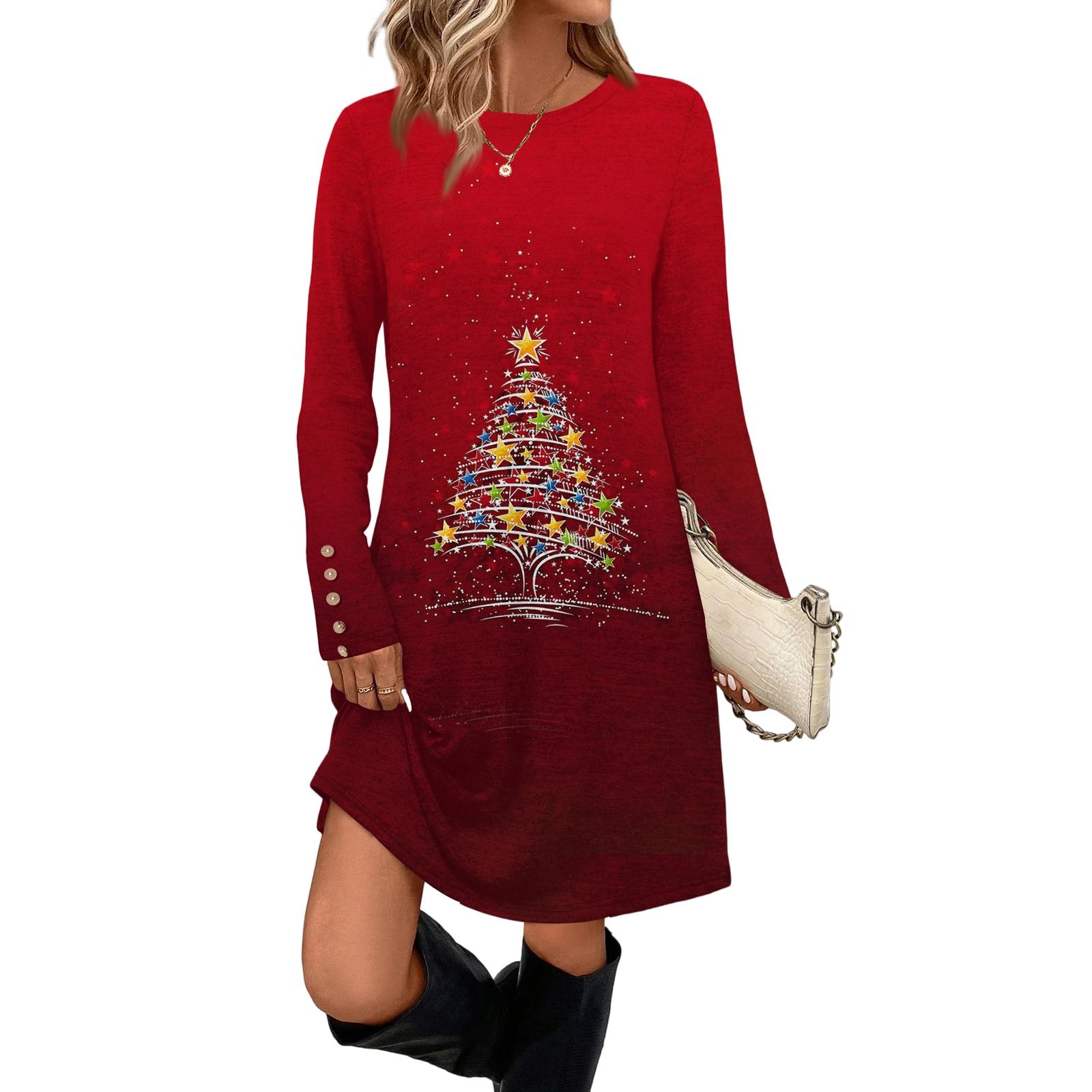 

Жіноча модна повсякденна сукня з кишенями, декоративними ґудзиками, різдвяними принтами, круглим вирізом горловини та довгими рукавами XXL