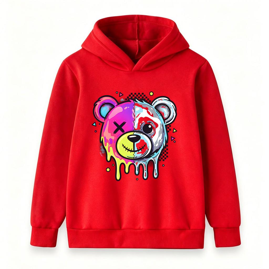 Kids Boys Girls Pullover Hoodie, Neon Dripping Split Bear Print Casual Long Sleeve Hooded Sweatshirt, Fashion Streetwear Top For Children