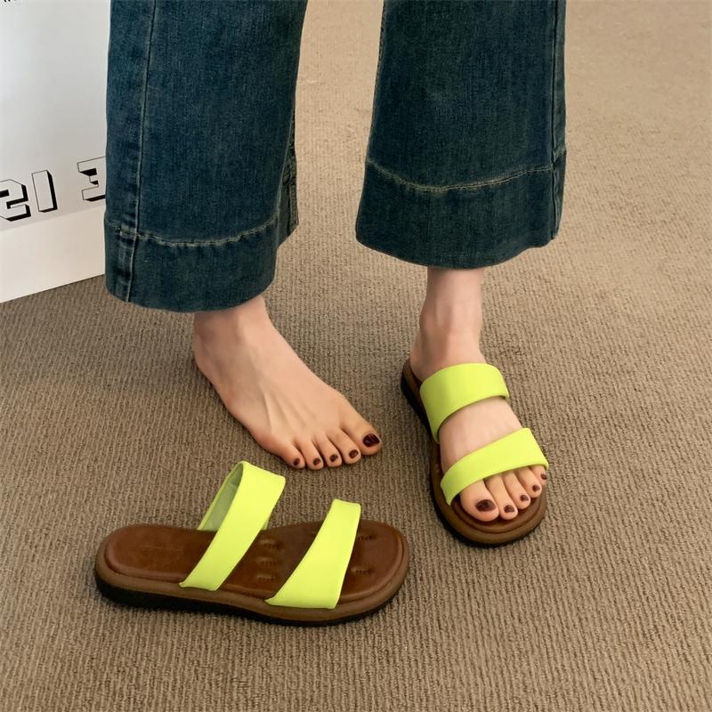 Fashion Fashion Flat Slippers Women's New Summer Outward Wear Round Toe Open Toe Soft Sole Non-slip Wear-resistant Straight Slippers