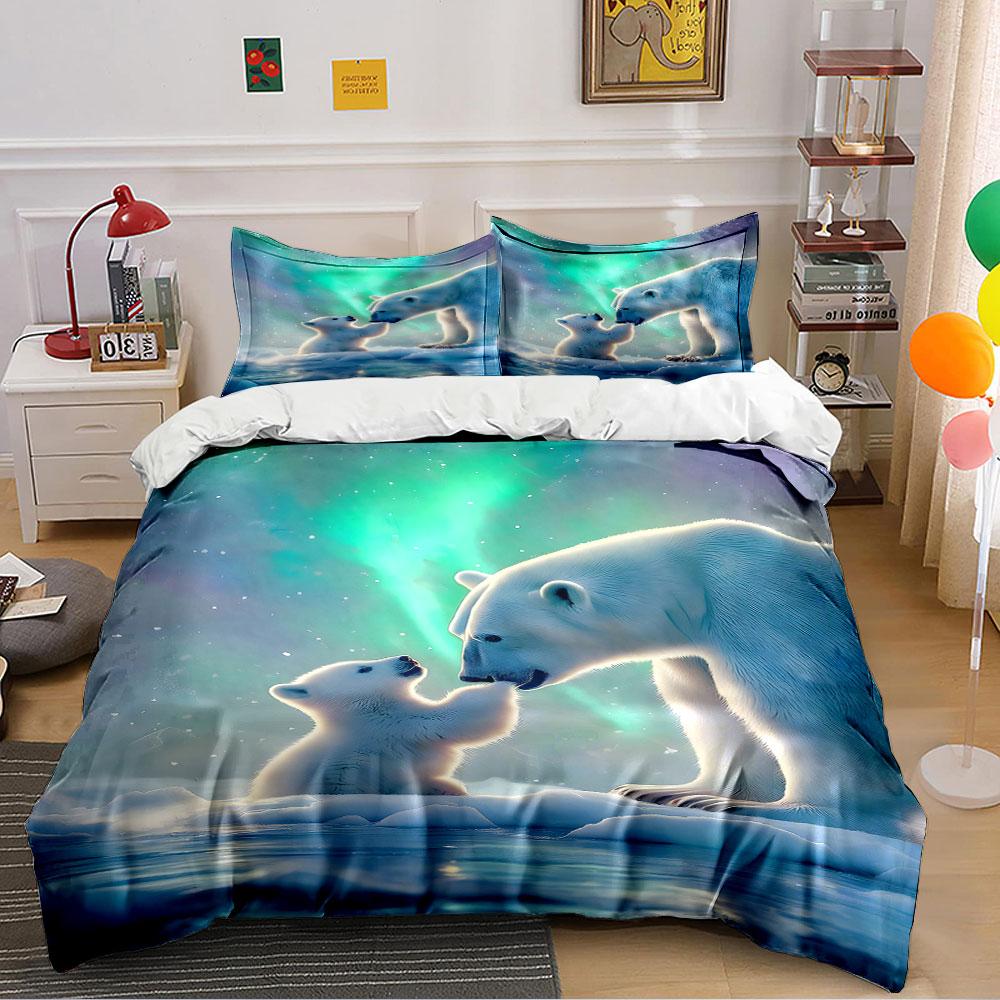 Polar Bears with Northern Lights Bedding Duvet Cover Set (1*Duvet Cover 2*Pillowcases, without duvet insert)