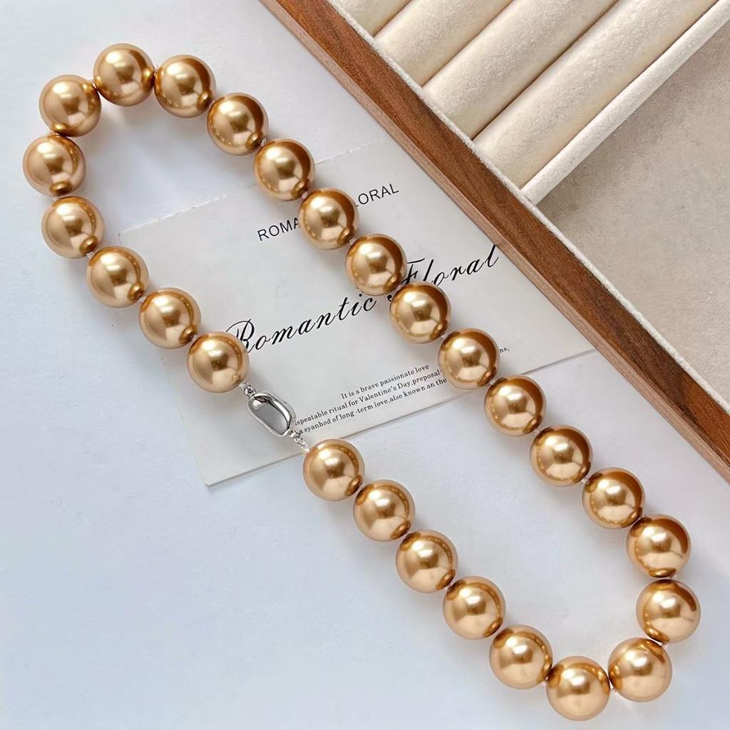 16Mm Vintage Large Granular Maillard Brown Faux Crystal Pearl Necklace Collarbone Sweater Chain