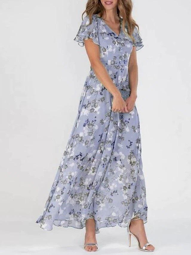 New beach pendulum long dress chiffon floral short-sleeved ruffle V-neck fashionable waist dress