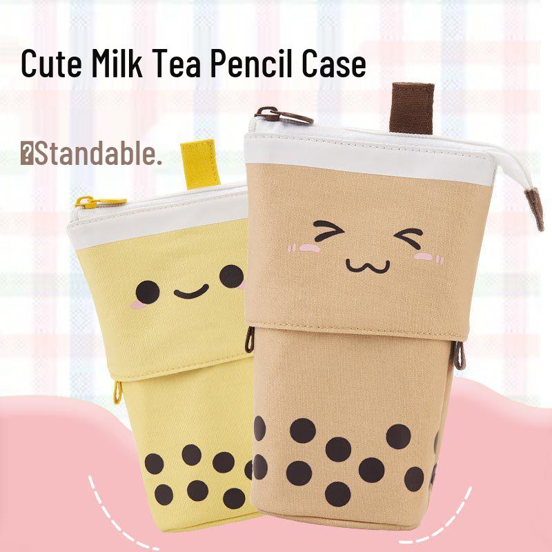 Polka Dot Milk Tea Pull-down Pencil Case with Heart and Smiley Face Design, Multifunctional Stationery Holder