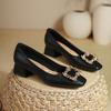 Thick heel single shoes women's 2025 new spring and autumn women's shoes low heel French square head shallow mouth soft leather rhinestone square bu