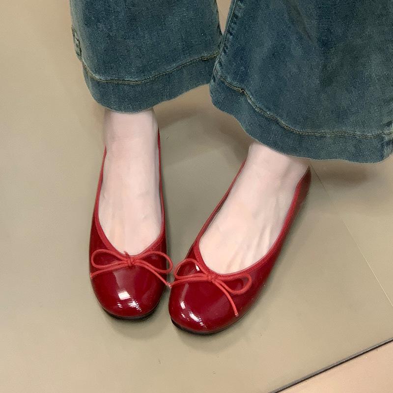 Round head bow flat bottom small red shoes 2025 new shallow mouth versatile ballet women's shoes
