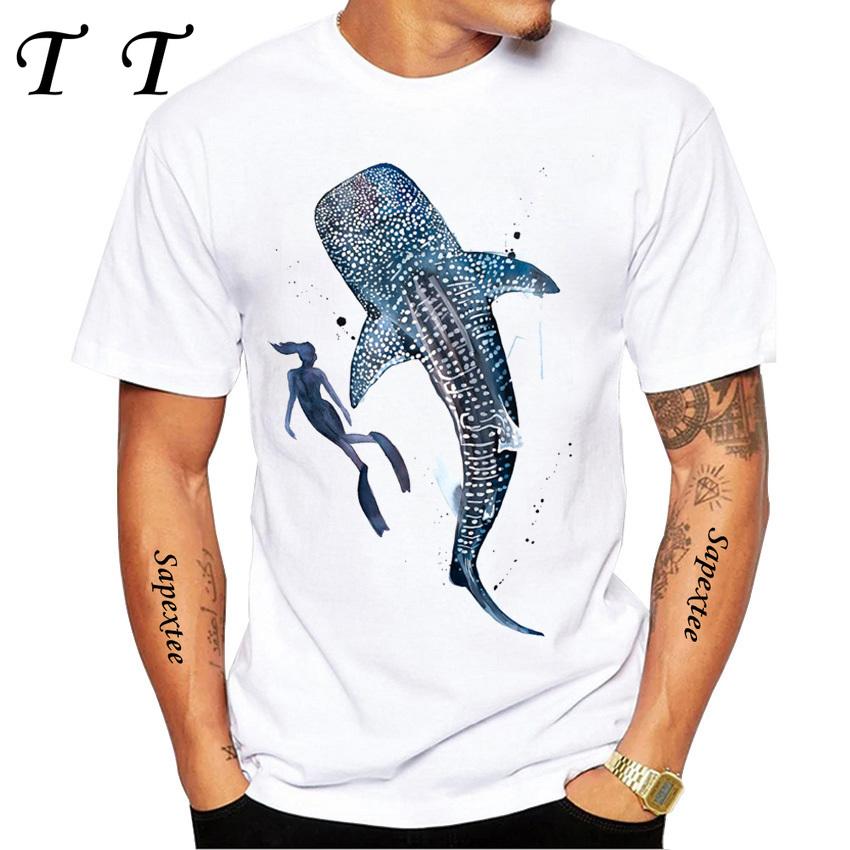 Galaxy Whale Shark Watercolor Funny T-shirt Men's Short Sleeve Summer Beach Diving Trips White Casual Tees Sea Life Boy Tops