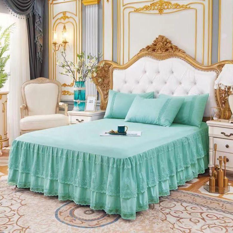 Princess Lace Ruffle Bed Skirt Set - Single Piece Bed Sheet & Mattress Protector