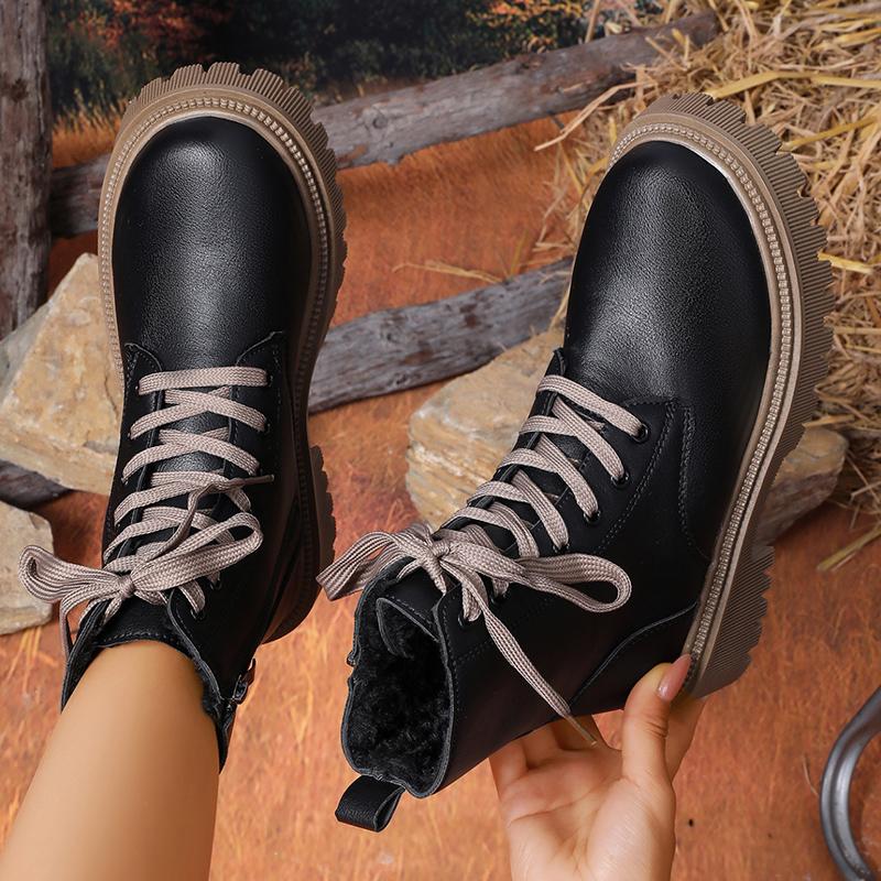 Fashion Autumn Winter Short Plush Ankle Boots Women Fashion Lace Up Pu Leather Platform Boots Woman Thick Sole Motorcycle Botas Mujer 42