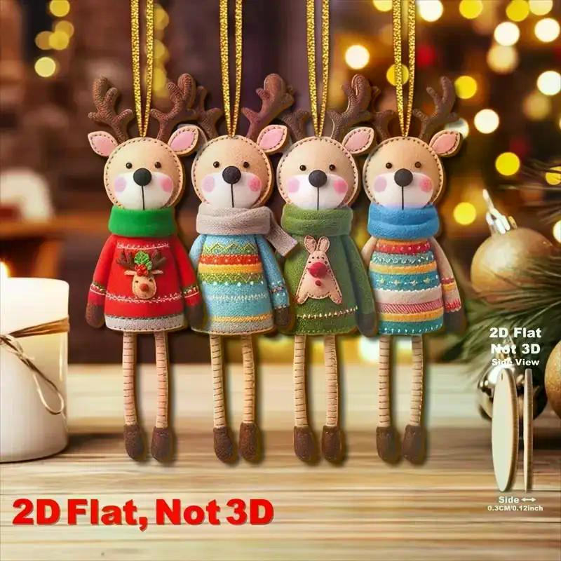 16Pcs 2D Colorful Christmas Reindeer Wooden Pendant Ornament Cartoon Christmas Tree Hanging Decoration For Home New Year Gift