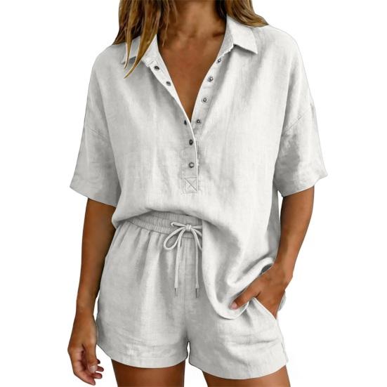 Women s Cotton Summer Neck Button Sleeve Top Set Loose V Down Short S белый