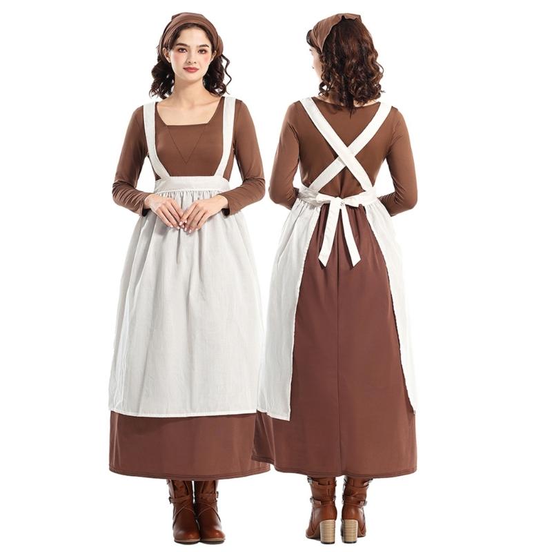 Halloween Maid Costume Set Includes French Maid Apron Maid Dress and Headscarf Set for Women, Kitchen Cooking Apron