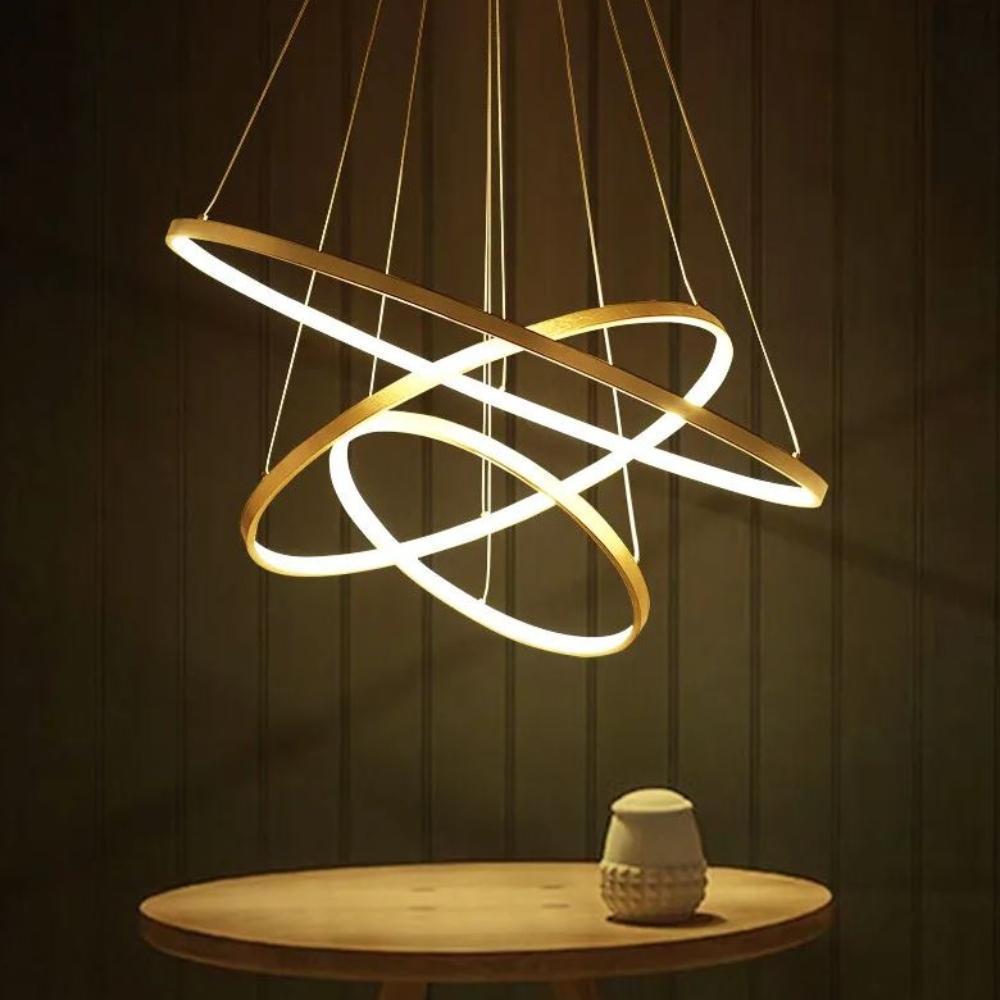 LED-Deckenhängeleuchte, Kronleuchter, 3 Ringe, 76W, goldfarben, verstellbar, NEUTRAL