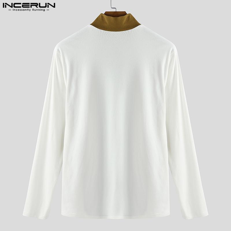 INCERUN Men Mockneck Long Sleeve Patchwork Zipper Casual Fitted Pullover Tops