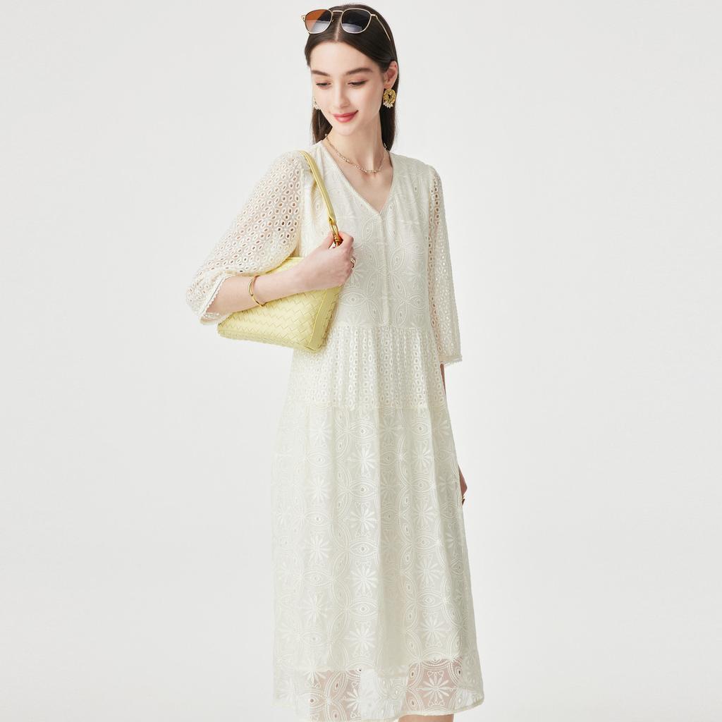 100% Mulberry Silk] Spring and Summer V-neck Elegant Hollow Embroidery Loose and Slimming Silk Dress for Women