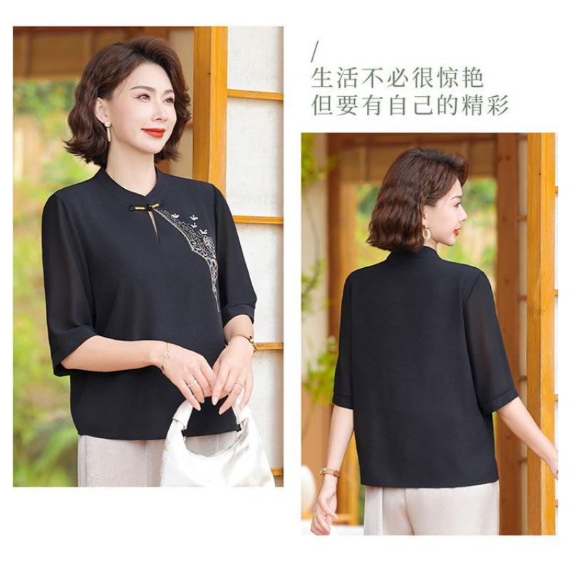 Chinesischer Stil Mandarin-Kragen Bluse Damen Bestickt Halbarm Chiffon Elegantes Oberteil