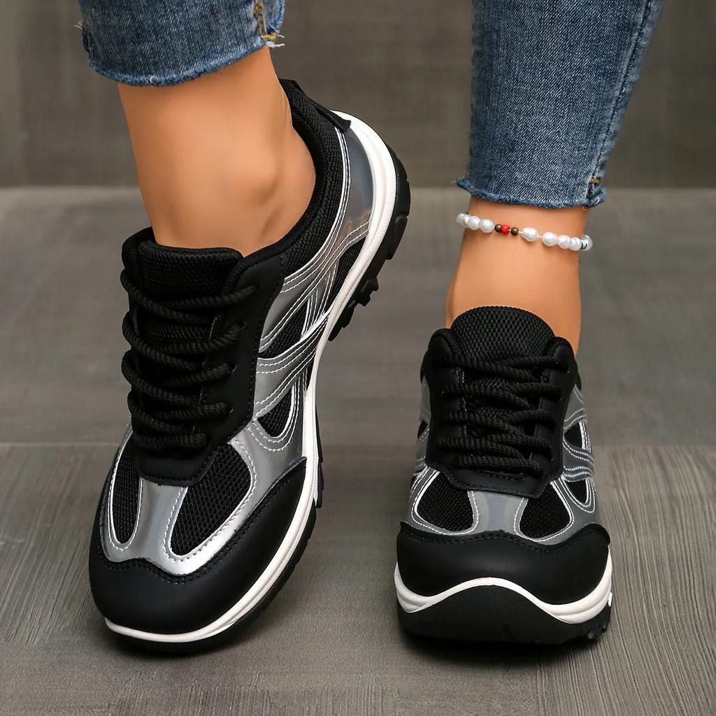 Fashion Silver Mix Color Non Slip Hiking Shoes Women  Autumn Breathable Lace Up Sneakers Comfort Soft Sole Sports Shoes