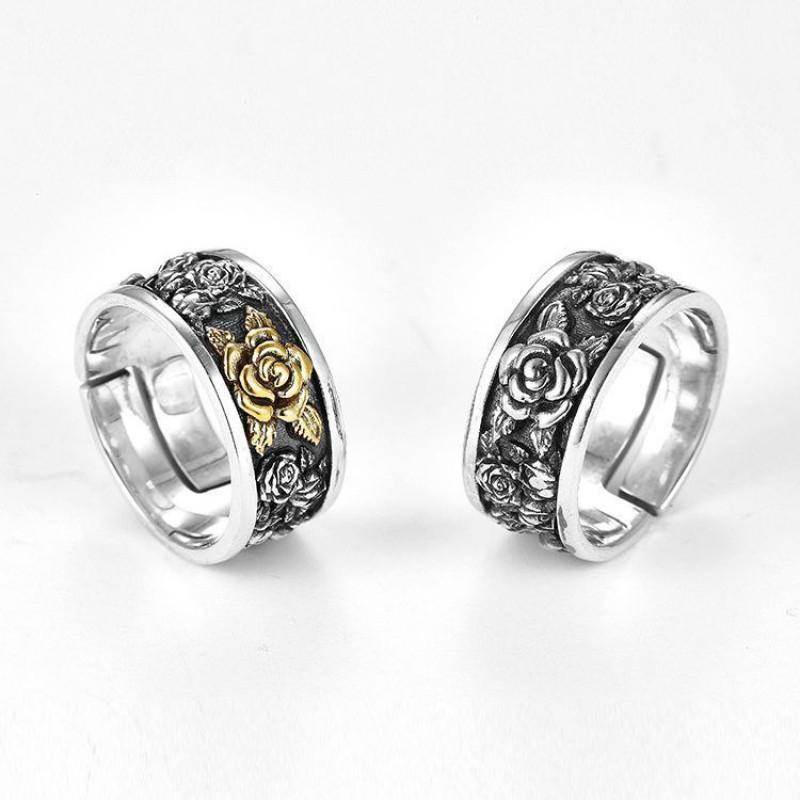 Adjustable Open Ring Couples With Vintage Rose Design Sterling Unisex Retro Fashion Jewelry