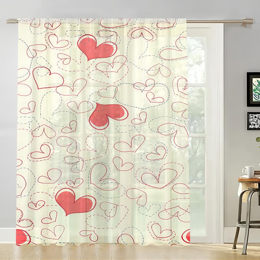 

Red Striped Heart Shaped Gauze Curtain Romantic Style Perfect Valentine Day Bedroom Living Room Single Panel Made Of Polyester Washable Ready W100*H70(CM)-Rod Pocket&2PCS