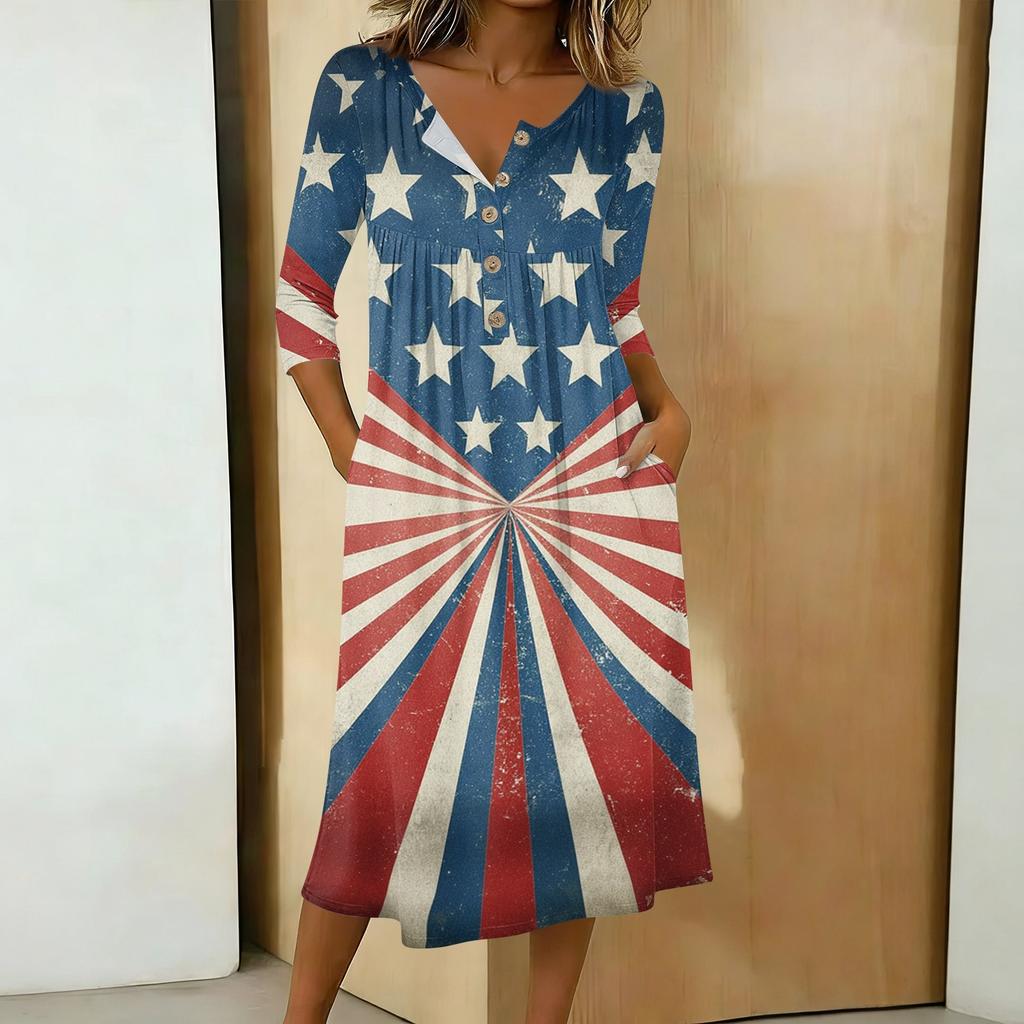 Women’s Casual 3/4 Sleeve Button Neck Mid-Length Dress with Star Print Relaxed Fit Suitable for Daily Wear and Seasonal Outings