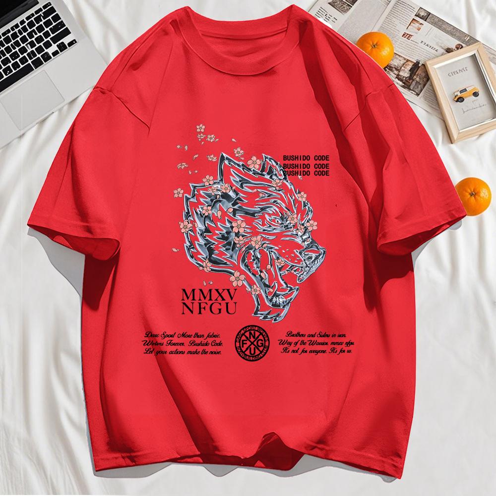 Line Draft Tiger Cherry Blossom Print Men T-Shirt Cotton Casual T Shirt Summer Loose Hip Hop Clothes