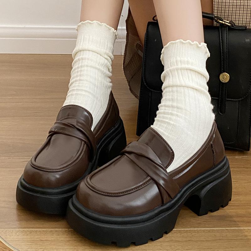 Fashion Retro Chunky Heel Penny Loafers for Women Brown Pu Leather Platform Pumps Woman Thick Sole Slip On College Style Jk Dress Shoes