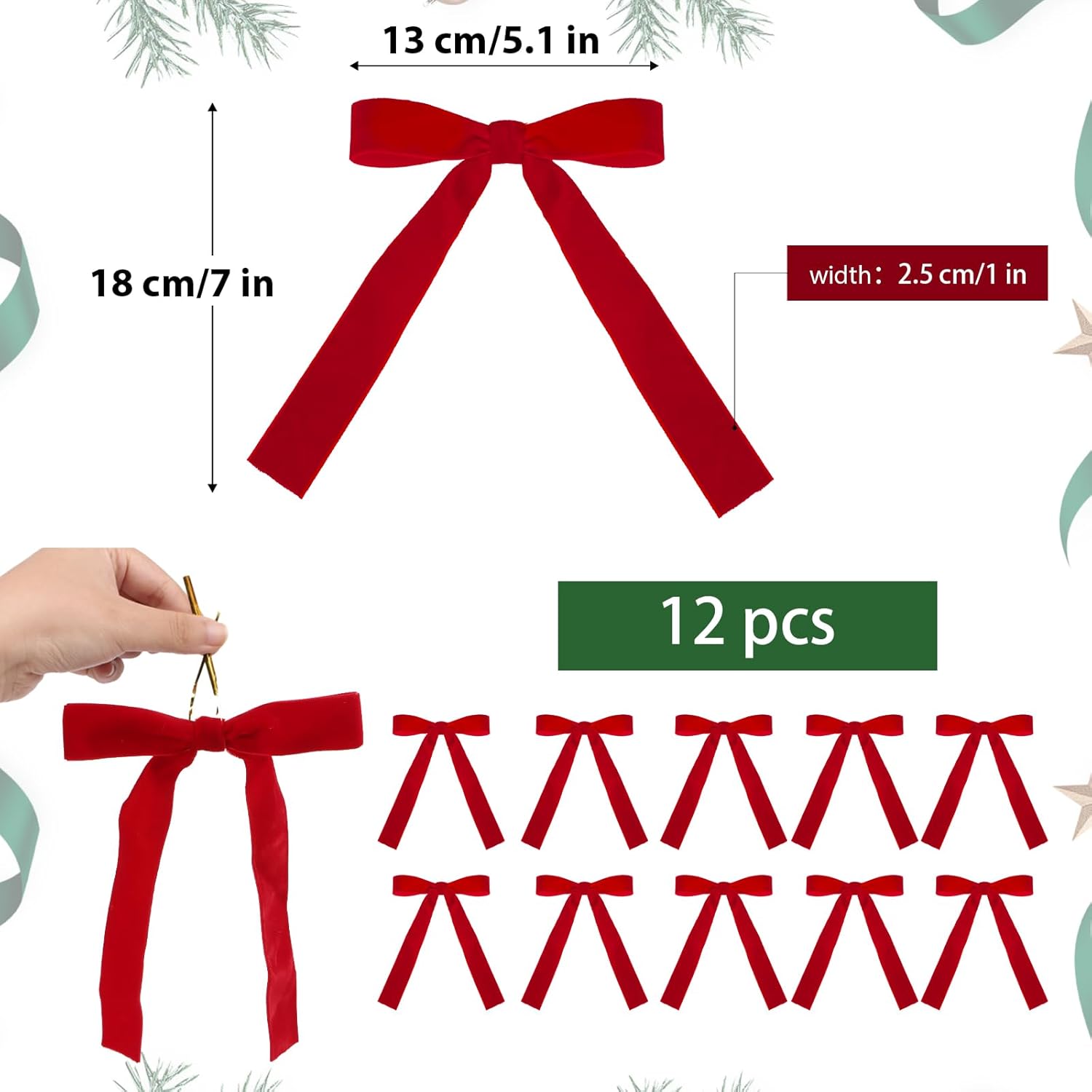 

12pcs Burgundy Velvet Bows for Christmas Tree Decorations Wreath Garland Velvet Bows with Twist Tie красный