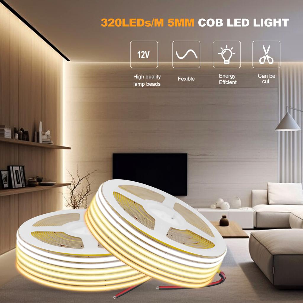 3mm 5mm 8mm Wide COB LED Strip 5V 12V 24V 320 LEDs High Density Flexible Self Adhesive Linear Lighting Tape
