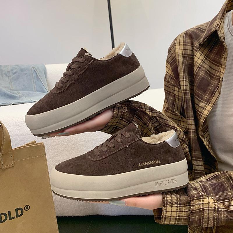 

Корейская версия туфель на толстой подошве из натуральной мягкой кожи женские 2025 новые зимние бархатные повседневные туфли теплые модные спортивные хлопковые туфли 40 темно-коричневого